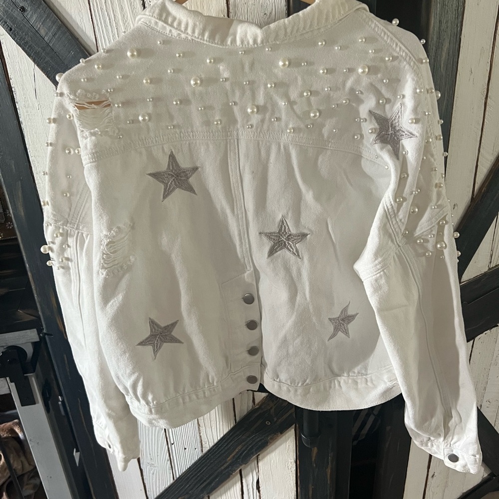 POL White Jean Jacket with Silver Star and Pearl Accents